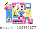 Music School Illustration Featuring Various Musical Instruments, Music Education Learning, And Performance Activities by Musicians and Singers 135582877