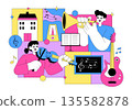 Music School Illustration Featuring Various Musical Instruments, Music Education Learning, And Performance Activities by Musicians and Singers 135582878