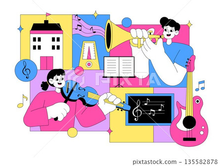 Music School Illustration Featuring Various Musical Instruments, Music Education Learning, And Performance Activities by Musicians and Singers 135582878