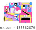 Music School Illustration Featuring Various Musical Instruments, Music Education Learning, And Performance Activities by Musicians and Singers 135582879