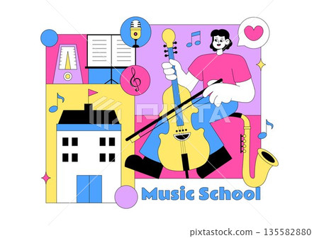 Music School Illustration Featuring Various Musical Instruments, Music Education Learning, And Performance Activities by Musicians and Singers 135582880