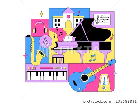 Music School Illustration Featuring Various Musical Instruments, Music Education Learning, And Performance Activities by Musicians and Singers 135582881