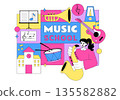 Music School Illustration Featuring Various Musical Instruments, Music Education Learning, And Performance Activities by Musicians and Singers 135582882