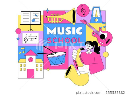 Music School Illustration Featuring Various Musical Instruments, Music Education Learning, And Performance Activities by Musicians and Singers 135582882