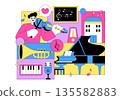 Music School Illustration Featuring Various Musical Instruments, Music Education Learning, And Performance Activities by Musicians and Singers 135582883