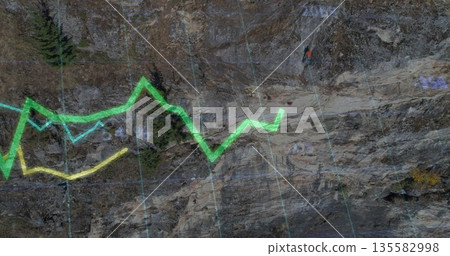 Climber wearing orange shirt and harness ascending forest cliff with neon route overlay, copy space Climber wearing orange shirt and harness ascending forest cliff with neon route overlay, copy space 135582998