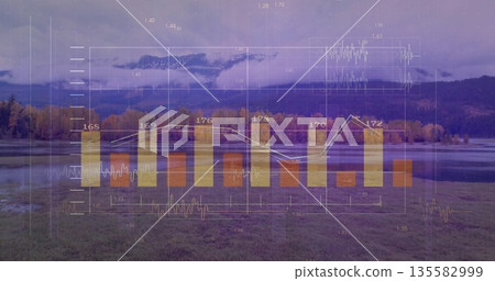 Displaying semi transparent bar chart and line graph in lakeside autumn forest, with grid overlay 135582999