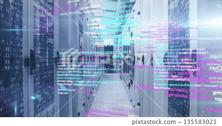 Illuminating data center corridor extending between server racks, showing holographic code streams Illuminating data center corridor extending between server racks, showing holographic code streams 135583021