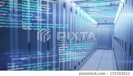 Showcasing data center aisle revealing server racks glowing blue LEDs, cable trays and code overlay Showcasing data center aisle revealing server racks glowing blue LEDs, cable trays and code overlay 135583022