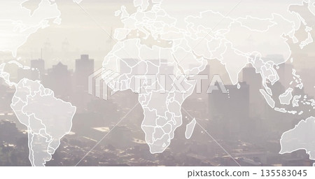 Displaying white world map outline spanning urban skyline under hazy smog with shipping cranes 135583045