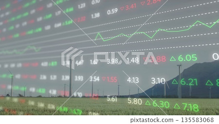 Displaying turbines spinning in grassy field before mountain range, with stock market data overlay Displaying turbines spinning in grassy field before mountain range, with stock market data overlay 135583068