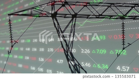 High-voltage tower merging with stock figures, with insulated power lines green up red down arrows High-voltage tower merging with stock figures, with insulated power lines green up red down arrows 135583071