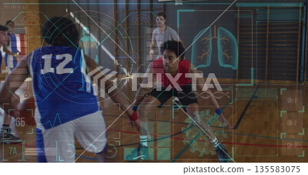 Crouching defender wearing red top guarding wooden court at gym, with basketball and HUD overlays Crouching defender wearing red top guarding wooden court at gym, with basketball and HUD overlays 135583075