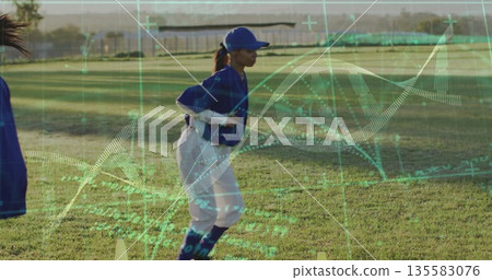 Running athlete in blue uniform navigating yellow cones on grass, with DNA helix, data grid overlay Running athlete in blue uniform navigating yellow cones on grass, with DNA helix, data grid overlay 135583076