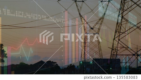 Displaying lattice tower and power lines crossing city fringe at dusk with fluctuating graphs Displaying lattice tower and power lines crossing city fringe at dusk with fluctuating graphs 135583083