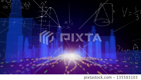 Futuristic cityscape expanding in data highway, with translucent bars, light trails and formulas 135583103