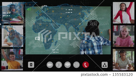 Writing instructor adding to chalkboard overlaid with map in online class with data icons and pens 135583120