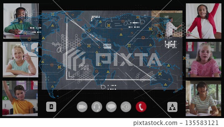Displaying digital whiteboard showing world map with network nodes, algebra notes in virtual class Displaying digital whiteboard showing world map with network nodes, algebra notes in virtual class 135583121