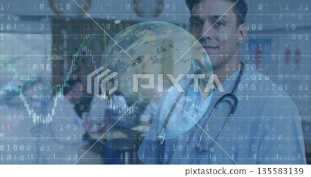Male doctor wearing stethoscope studying globe with binary code and line graphs in lab, copy space Male doctor wearing stethoscope studying globe with binary code and line graphs in lab, copy space 135583139