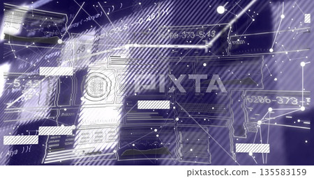 Rendering abstract digital interface on virtual HUD, featuring code panels and network nodes 135583159