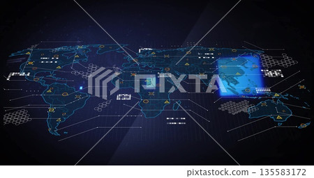 Displaying neon-blue world map graphic on interface, with hex clusters, nodes, warning icons 135583172
