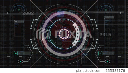 Displaying central circular interface rotating over grid, with concentric rings and code streams Displaying central circular interface rotating over grid, with concentric rings and code streams 135583176