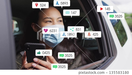 Peering woman wearing jacket and surgical mask, using smartphone in parked car, notification icons Peering woman wearing jacket and surgical mask, using smartphone in parked car, notification icons 135583180