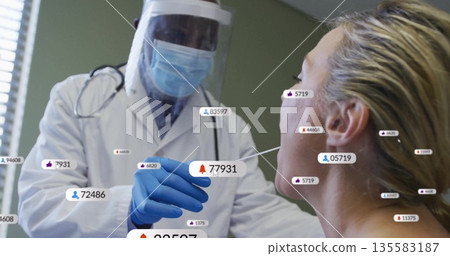 Positioning swab doctor wearing mask and gloves testing patient in exam room with digital icons Positioning swab doctor wearing mask and gloves testing patient in exam room with digital icons 135583187