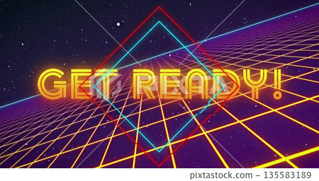 GET READY text glowing on retro-futuristic yellow grid floor, with red cyan neon diamond outlines GET READY text glowing on retro-futuristic yellow grid floor, with red cyan neon diamond outlines 135583189