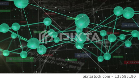 Floating network graph linking glowing green spheres in digital grid, with UI elements 135583190