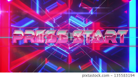 Displaying glitch-styled text PRESS START in retro-futuristic tunnel, with red and blue neon grids Displaying glitch-styled text PRESS START in retro-futuristic tunnel, with red and blue neon grids 135583194