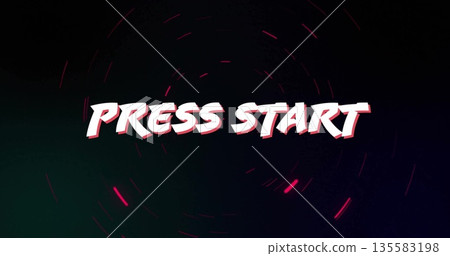 Displaying stylized Press Start text glowing on dark gradient UI, with swirling neon pink lights Displaying stylized Press Start text glowing on dark gradient UI, with swirling neon pink lights 135583198