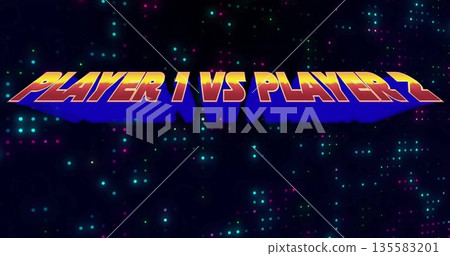 Displaying bold gradient PLAYER 1 VS PLAYER 2 text banner on arcade backdrop, with neon dots Displaying bold gradient PLAYER 1 VS PLAYER 2 text banner on arcade backdrop, with neon dots 135583201