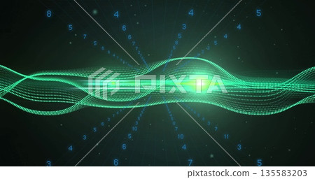 Flowing green waveform undulating on dark grid matrix with neon-green glow points and blue digits Flowing green waveform undulating on dark grid matrix with neon-green glow points and blue digits 135583203