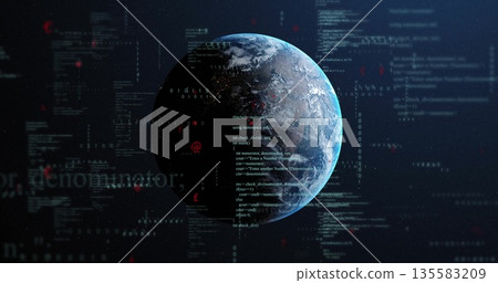 Rotating Earth floating in dark space, with code snippets, binary digits and alphanumeric codes 135583209