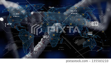 Displaying translucent world map on digital interface, showing double helix and data visualizations 135583210