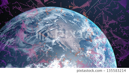 Displaying planet Earth rotating over North America in space, purple network lines and red arrows Displaying planet Earth rotating over North America in space, purple network lines and red arrows 135583214