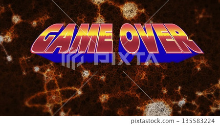 Centering bold 3D text GAME OVER over virtual cosmic fractal network, with glowing amber lines Centering bold 3D text GAME OVER over virtual cosmic fractal network, with glowing amber lines 135583224