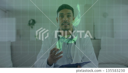 Doctor holding clipboard and pointing at medical hologram, wearing lab coat and stethoscope at home Doctor holding clipboard and pointing at medical hologram, wearing lab coat and stethoscope at home 135583230