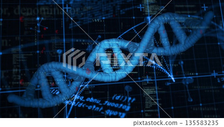 Floating 3D DNA helix model rotating within virtual interface, with code snippets and data streams 135583235