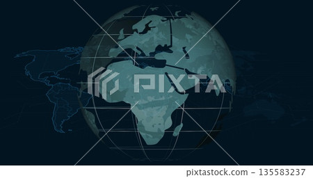 Displaying digital globe with grid lines, network arcs and faint map outlines on navy background Displaying digital globe with grid lines, network arcs and faint map outlines on navy background 135583237