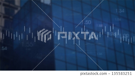Displaying candlestick chart bars fluctuating on skyscraper glass facade, with numeric values Displaying candlestick chart bars fluctuating on skyscraper glass facade, with numeric values 135583251