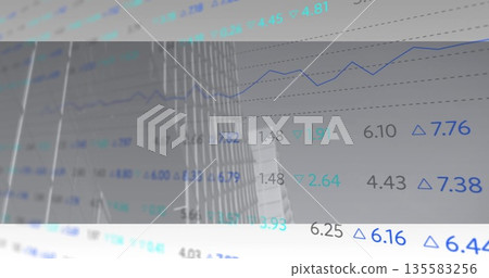 Overlaying translucent finance data fluctuating over glass tower facade, with blue graph and arrows Overlaying translucent finance data fluctuating over glass tower facade, with blue graph and arrows 135583256