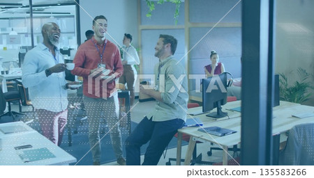 Laughing three male coworkers holding coffee mugs at glass desk area in open-plan office Laughing three male coworkers holding coffee mugs at glass desk area in open-plan office 135583266