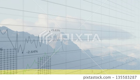 Translucent grid overlaying mountain meadow, tracing black and green graphs with -2 135583287