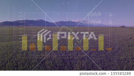 Displaying bar chart and line graph overlaying grassland at dusk with grid lines and numbers Displaying bar chart and line graph overlaying grassland at dusk with grid lines and numbers 135583289