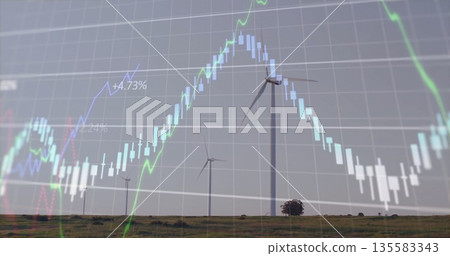 Displaying central wind turbine above grassland with candlesticks trend lines and +4 135583343