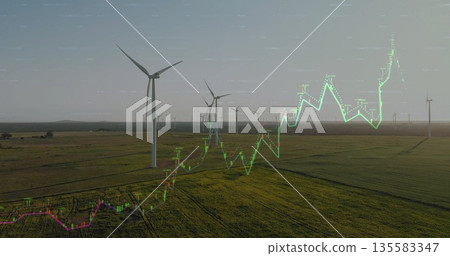 Displaying wind turbines rotating over rural wind farm, showing candlestick chart overlay Displaying wind turbines rotating over rural wind farm, showing candlestick chart overlay 135583347