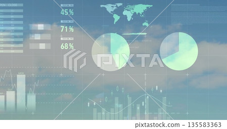 Displaying digital dashboard overlay floating against blue sky, featuring world map and pie charts Displaying digital dashboard overlay floating against blue sky, featuring world map and pie charts 135583363