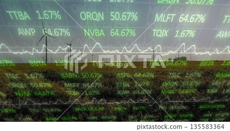 Displaying spinning wind turbines on grassy plain, under floating ticker symbols and line charts Displaying spinning wind turbines on grassy plain, under floating ticker symbols and line charts 135583364